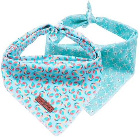 Lionet Paws Summer Dog Bandanas 2 Pack, Blue Washable Dog Triangle Bibs Scarf Dog Kerchief,Adjustable Triangle Holiday Scarves for Medium Large Extra Large Dogs Pets, Ball&StarFish