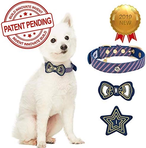 Blueberry Pet Adjustable Dog Collar with Metal Buckle and 2 Detachable Bowtie - Blue Asymmetric Stripe, Neck 13-16.5", for Medium Breed