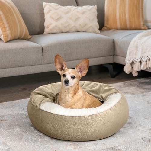Best Friends by Sheri Cozy Cuddler Ilan Covered Cat and Dog Bed with Attached Blanket, Wheat, 24"x24"