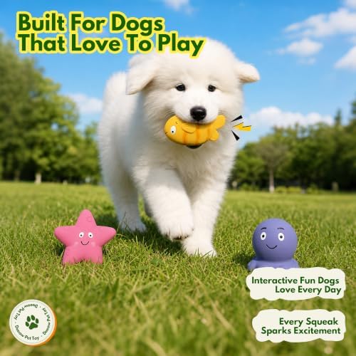 Squeaky Sea Creature Latex Dog Toys, 3 in 1 Set Soft Fish Octopus Starfish Chew Toys for Small Medium Dogs, Cute Puppy Toys Gift, Interactive Pet Toys for Enrichment Teething Relief & Boredom Buster