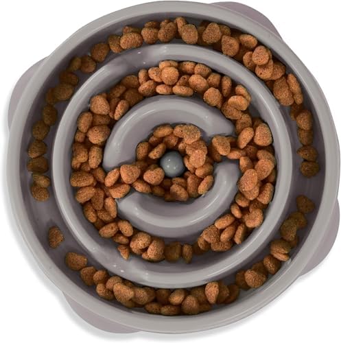 Outward Hound Fun Feeder Slo Bowl – Medium 2‑Cup Capacity,Slow Feeding,Small to Medium Dogs & Cats,Non-Slip,Gray,Drop Pattern,(Pack of 12)
