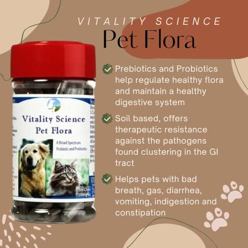 Vitality Science Pet Probiotic for Cats & Dogs | Pet Flora - Great for Diarrhea, Vomiting, Gas, Skin Conditions - Additive Free (500 Caps)