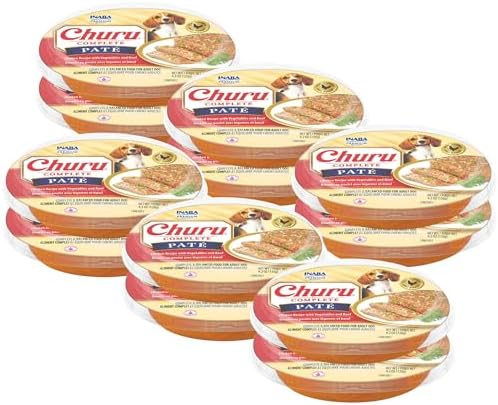 INABA Churu Complete Pate for Dogs, Grain-Free, High Protein & Moisture, Wet Dog Food with Fish Oil, 4.23oz. Cup, 12 Cups, Chicken Recipe with Vegetables & Beef