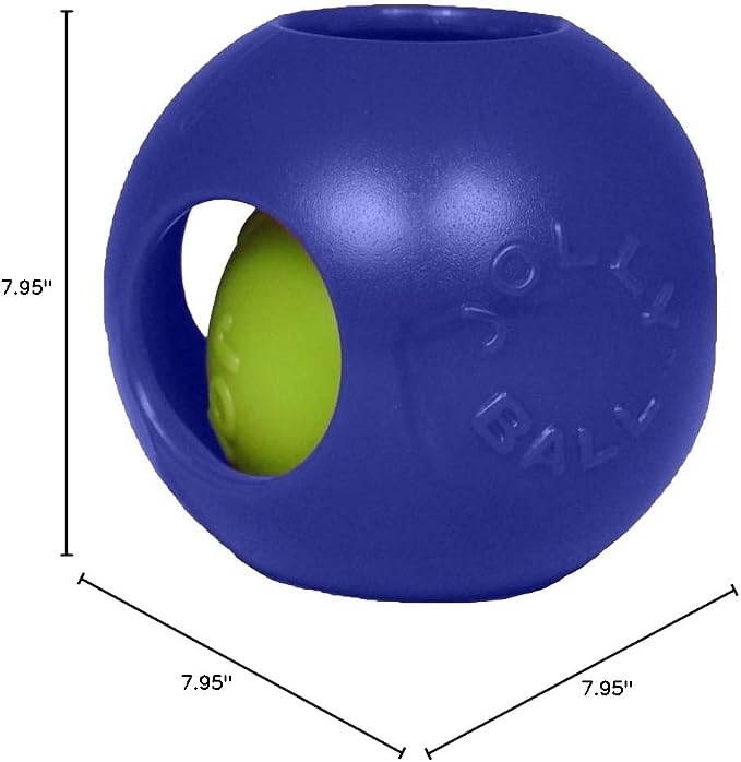 Jolly Pets Teaser Ball Interactive Dog Toy, 8 in Large, Blue | Ball-within-a-ball puzzle toy that floats - add peanut butter to the inner ball for extra fun