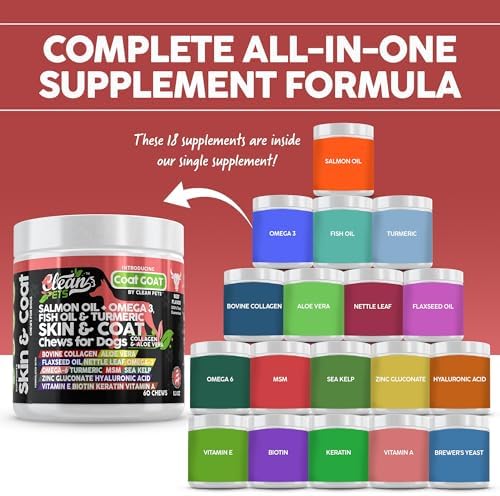 Clean Pets Salmon Oil Omega 3 Fish Oil for Dogs Skin and Coat Supplement | Dog Collagen Aloe Vera Biotin Keratin Flaxseed Nettle Leaf Sea Kelp Hyaluronic Acid Brewers Yeast Vitamin A - Coat Goat