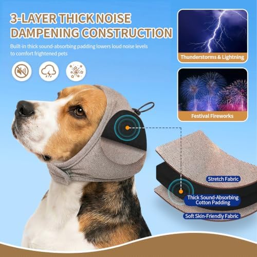 BRKURLEG Dog Ear Cover Noise Protection, Thick Padded Ear Wrap, Taupe, M | Adjustable Calming Hoodie for Anxiety Relief, Anxiety Relief Head Cover, for Firework, Thunderstorm, Grooming & Winter Warmth