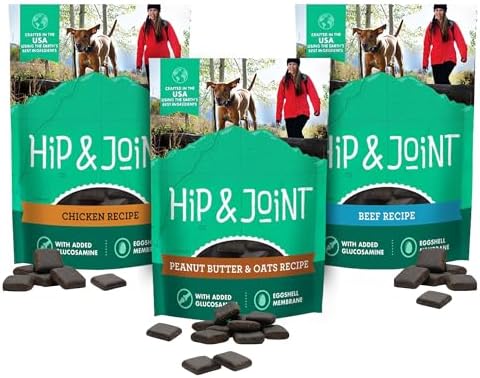 Hip and Joint Dog Treats 3-Pack – Peanut Butter and Oats, Beef & Chicken (6 oz Each, 18 oz Total) – Glucosamine Dog Treats for Healthy Mobility – Includes Microfiber Cleaning Cloth