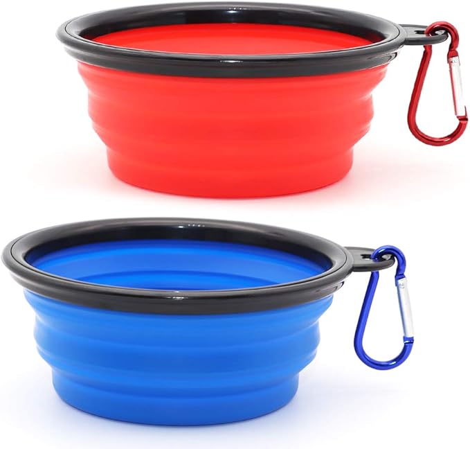 Dog Bowl Collapsible, 2 Pack, with Carabiners, Small, Blue+Red