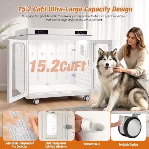 Redriver 430L Large Dog Grooming Dryer – Ultra-Quiet <40dB Pet Drying Box | for Giant Breeds up to 130lbs, 360° Airflow with Negative Ion, Foldable Blower for Salon & Multi-Pet Home