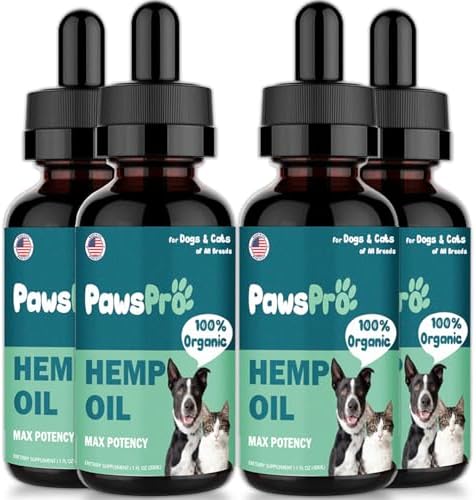 4-Pack Hеmp Oil for Dogs and Cats - Hip and Joint Support - Skin and Coat Health - with Omega 3, 6, 9 and Vitamins - Max Potency