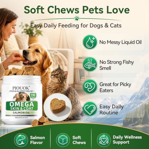 Omega 3 Fish Oil for Dogs, Salmon Oil Joint Health Skin & Coat Supplement with EPA DHA Vitamins for Itching, Shedding Hot Spots & Allergy Support Pet Wellness, 150Ct Dog Allergy Chews