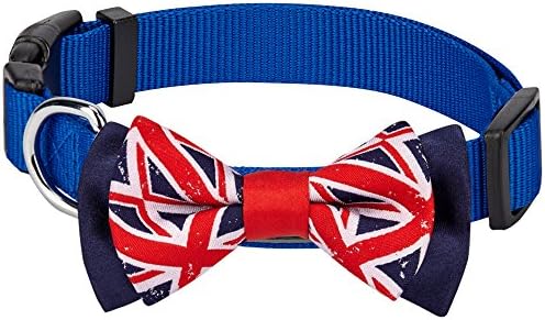 Blueberry Pet 2 Patterns Patriotic Spirits UK Flag Adjustable Bowtie Blue Dog Collar - Handmade Bow Tie w/Jacquard Weave Fabric, Medium, Neck 14.5"-20"