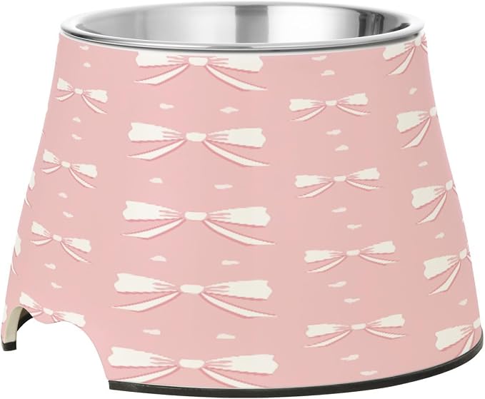 Blueangle Elevated Dog Bowls with Stainless Steel - Non-Slip 2.3 Cup High Capacity Pet Dish for Spinal Health & Pink Ribbon Bow Design（109）
