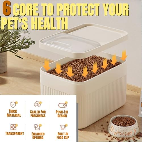 High-Capacity Pet Food Container Airtight with Cup, 15 pounds, Beige