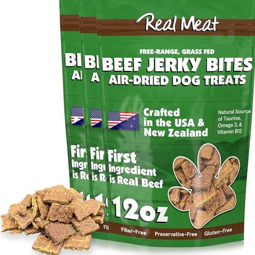 TRMC Real Meat Dog Treats - Three 12oz Bag of Bite-Sized Air-Dried Beef Jerky for Dogs - Grain-Free Jerky Pet Treats with 95% Free-Range, Grass Fed Beef - All-Natural High Protein Treats