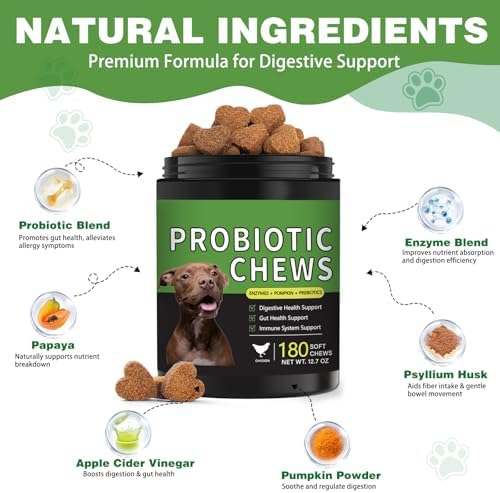 Probiotics for Dogs - 180 Dog Probiotics Chews with 5 Enzymes & 4 Prebiotics for Digestive and Gut Health - Diarrhea & Bowel Support, Yeast Balance, Immunity, Allergies & Itchy Skin (Chicken)