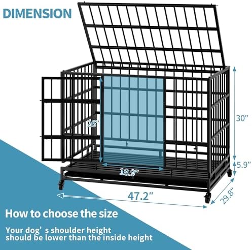 Indestructible Folding Dog Crate with Wheels, 48 Inch Heavy Duty Escape Proof Collapsible Metal Dog Kennel Cage for Large and Medium Dogs, High Anxiety Pet Crate with 2 Door and Removable Tray