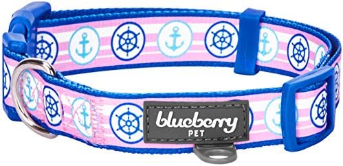 Blueberry Pet Essentials 8 Patterns Personalized Dog Collar, Nautical Navy Sailor, Medium, Adjustable Customized ID Collars for Medium Dogs Embroidered with Pet Name & Phone Number