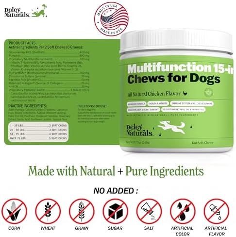 Deley Naturals 15 in 1 Multivitamin for Dogs - Complete Dog Vitamins and Supplements for Immune Support, Joint, Skin, Digestion, Heart & Overall Health - Daily Multifunction Supplements - 120 Chews