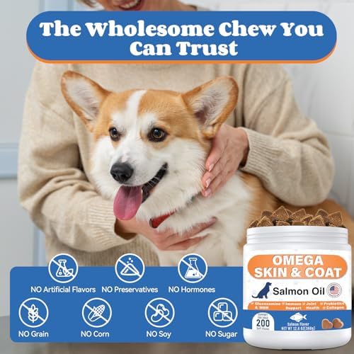 Omega 3 Fish Oil for Dogs - Dog Skin and Coat Chews with EPA DHA, Wild Salmon Oil, Glucosamine, MSM, Collagen- Pet Fish Oil Supplement to Support Gut Joints Heart Eyes Immune, 200 Ct