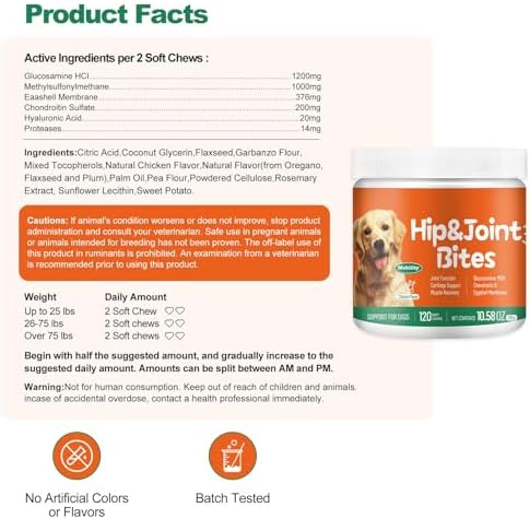 Hip & Joint Health Supplement for Dogs, 120 Soft Chews, Glucosamine Chondroitin MSM Dog Chews with Hyaluronic Acid, Chicken Flavored Bone & Joint Support for All Breeds