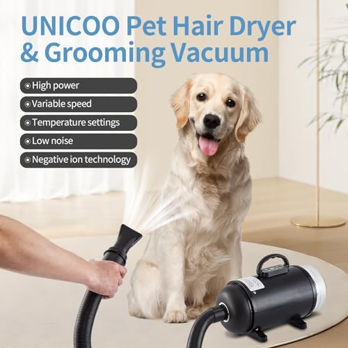 UNICOO Pet Dryer & Grooming Vacuum with Adjustable Speed & Temperature Control, Low Noise, 4 Nozzles, 1850 Watts, Blow Dry & Vacuum Functions for Dogs (Matte Black)