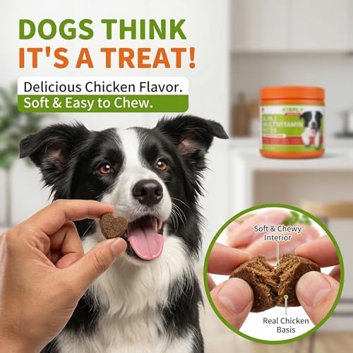 8-in-1 Dog Multivitamin Chews with Probiotics, Glucosamine & Omega 3 | Tasty daily soft chews help support overall wellness, digestion, mobility and a healthy coat for dogs of all ages.
