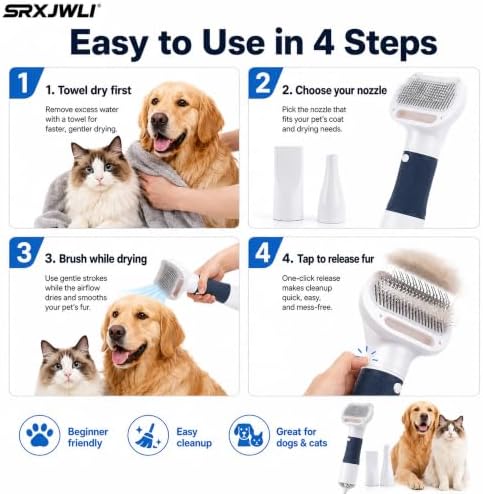 3 in 1 Pet Hair Dryers And Comb Brush High Velocity Blower for Dog Grooming | Portable Quiet Handheld Slicker with Steam Deshedding Intelligent Airflow System for Cats, Puppies and Professional(Yellow)
