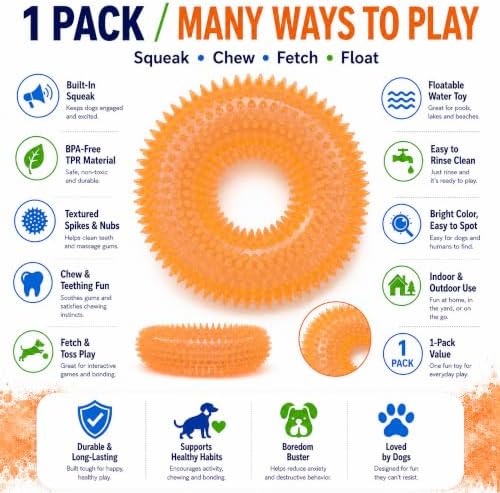 Squeaky Dog Toy, Floating Donut Ring, Large Dogs, Orange