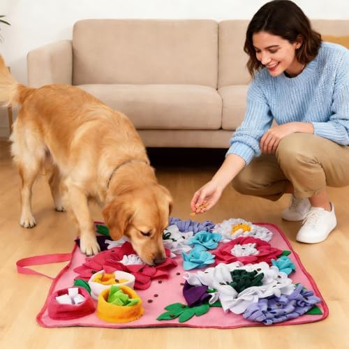 Vextronic Snuffle Mat for Dogs, Large Breed Slow Feeder Interactive Toy | 25x25-inch washable mat. Sparks natural foraging. Eases anxiety. Slows gulping at meals. Fits small to large pets. Pink.