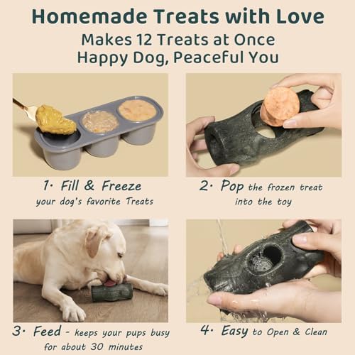 MENGJINGO 2-Pack Dog Treat Toy and Silicone Treat Tray for Dogs 25-75 lbs | Long-Lasting Toy for Chewers, Safe for Medium/Large Dogs, 12-Cavity Silicone Tray for Homemade Frozen Treats, Easy to Use