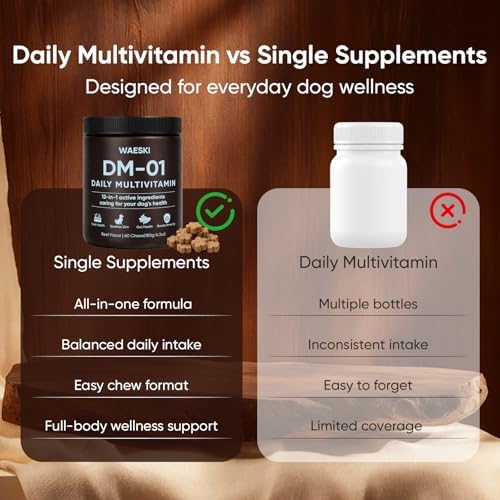 DM-01 Daily Multivitamin for Dogs, 12-in-1 Soft Chews with Salmon Oil, Probiotics, Chondroitin & Vitamins, Skin & Coat, Gut, Hip & Joint and Immune Support, Beef Flavor, 60 Chews