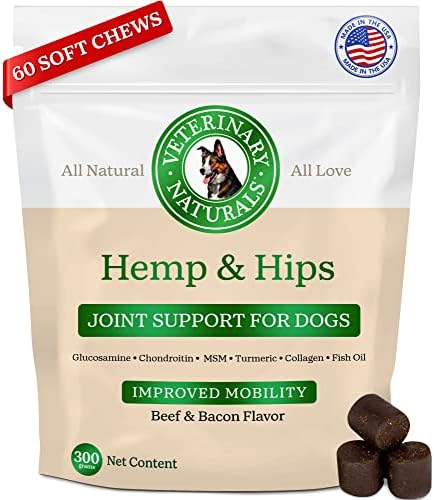 Veterinary Naturals Hemp & Hips Joint Supplement for Dogs/Supports Relief from Hip and Joint Pain in Large, Aging Dogs (Regular, Beef & Bacon)