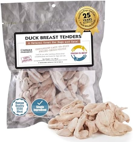 Fresh Is Best Whole Duck Breast Tenders – Made from Unsliced Whole Duck Breast Tenderloins – Raw Freeze Dried Cat Treats in Resealable Zipper Bag – High-Protein for Dogs & Cats – Made in the USA