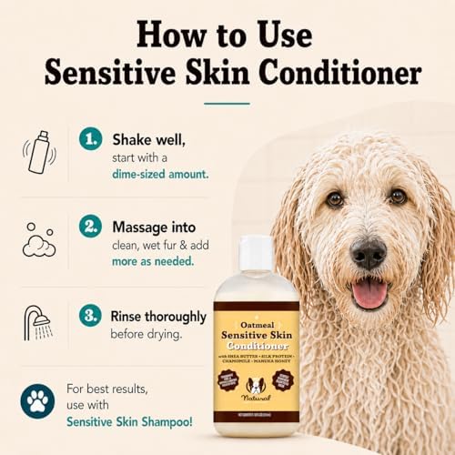 Natural Dog Company Sensitive Skin Dog Conditioner – Oatmeal Moisturizing for Sensitive & Itchy Skin, Detangling Grooming Formula for Long Haired Dogs, with Manuka Honey & Chamimile, 12 oz