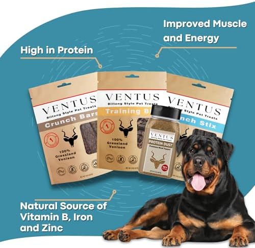 VENTUS Jerky Crunch Bars - Single Ingredient Venison Jerky Dog Training Treats, Healthy Air Dried, High Protein, No Additives, Grain Free Dog Treat, 8 oz