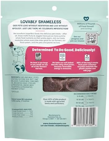 Shameless Pets Soft-Baked Dog Treats, Duck Duck Beet - Natural & Healthy Dog Chews for Digestive Support with Fiber - Dog Biscuits Baked & Made in USA, Free from Grain, Corn & Soy - 1-Pack