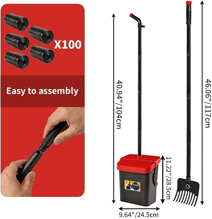 Pooper Scooper for Dogs, 46'' Long Handle Large & Small Breeds, Yard & Outside Waste Pickup, Rake with Bag Attachment & Holder, Litter Scooper, 100 Pet Waste Bags, Pet Supplies & Dog Accessories