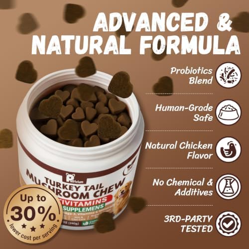 Turkey Tail Mushroom for Dogs with Probiotics - Mushroom Supplement for Dogs Lumps and Bumps, Reishi, Lion's Mane - Immune Boost, Gut Health, Lipoma, Joint & Skin Support Multivitamin, 120 Chews