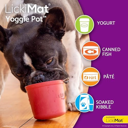 LICKIMAT Yoggie Pot – Distraction, Fun and Enrichment. Long Lasting Rubber Licking Treat Dispenser for All Dog Sizes and Slow Feeder for Small Dogs - Pink