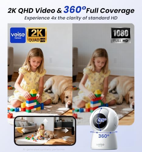 Veise 2K Indoor Camera for Home Security, Baby Monitor, WiFi Pet Dog Camera