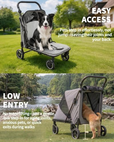 Large Dog Stroller for Medium Dogs - Gray, up to 110lbs, Easy Entry