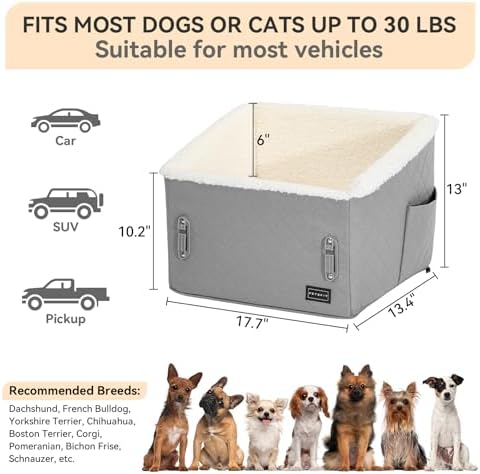 PETSFIT Small Dog Car Seat, Soft Foam, Storage Pockets, Detachable Leash, 30 lbs, Grey