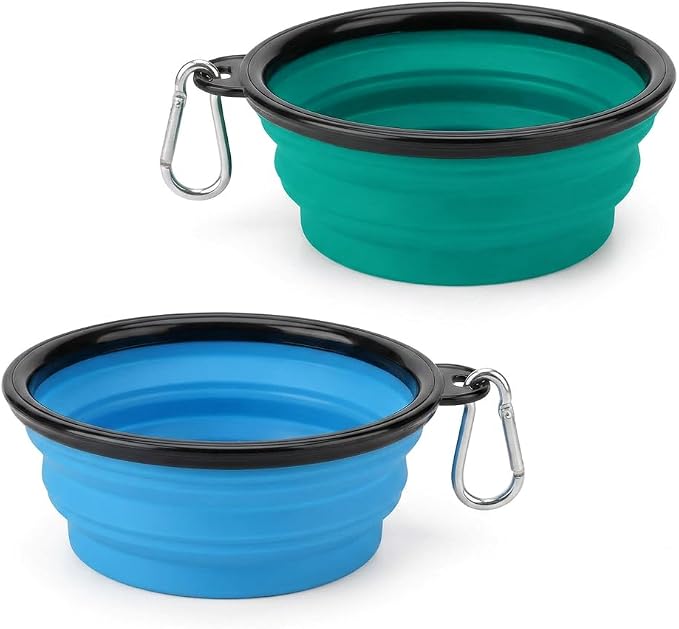 Collapsible Dog Bowls, 2 Pack, with Carabiners, Green & Blue, Medium