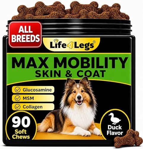Hip and Joint Chews for Dogs + Skin and Coat Supplement - Dog Joint Pain Relief Treats - Glucosamine, Chondroitin, MSM, Hemp Oil, Turmeric, Omega 3 for Dogs, Mobility Dog Health Supplies