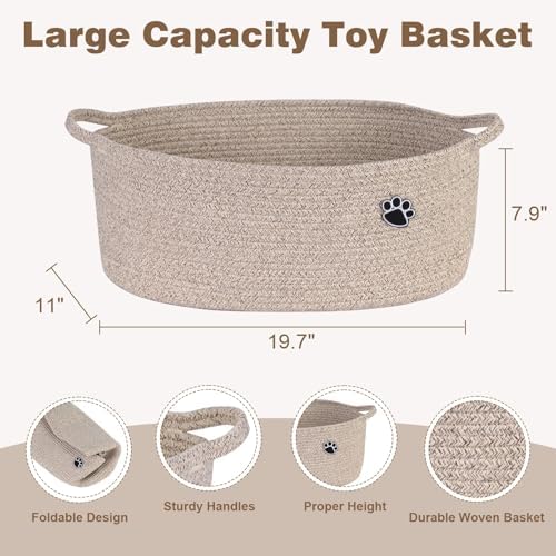 Optish Dog Toy Basket, 30L Toy Box and Bin for Dog Cat Storage, 19.7" X 11" X 7.9" Large Woven Rope Basket for Blankets, Living Room, Bedroom, Brown