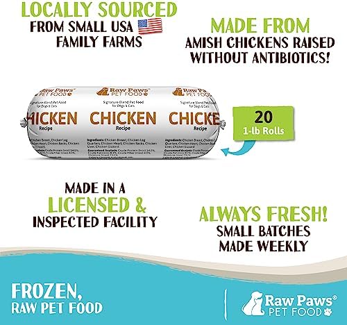 Raw Paws Frozen Raw Chicken Recipe Dog & Cat Food, 1-lb Rolls (20 Pack)