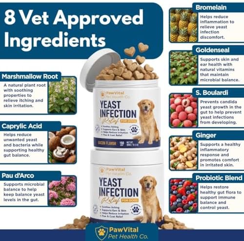 Natural Yeast Infection Treatment for Dogs, 150 Chews – Anti Yeast Support for Itchy Skin & Ears – Helps Reduce Irritation & Paw Licking – Probiotic + Herbal Blend – Bacon Flavored Soft Chews