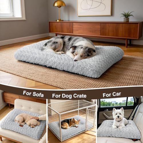Dog Bed Crate Pad - Rosette Pattern White Velvet Pet Bed Anti-Slip Comfy Kennel Pad for Crates Rosette Grey L