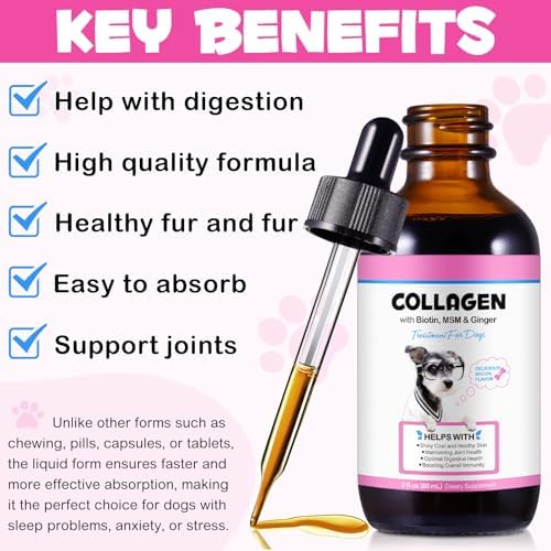 Collagen Drops for Dogs 60ml - Joint Support, Skin & Coat Health with Biotin & MSM - Supports Smooth Digestion, Delicious Bacon Flavor